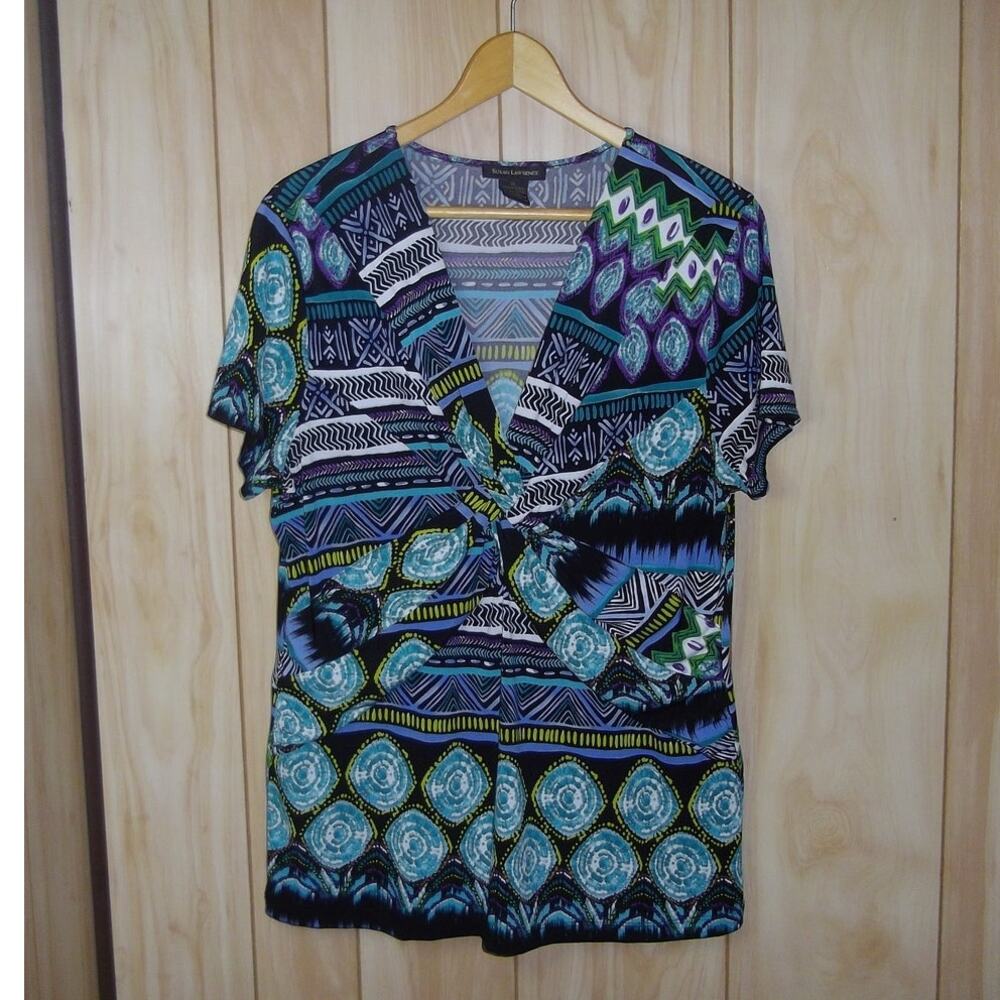 Susan Lawrence Geometric V-Neck Short Sleeve Blouse XL